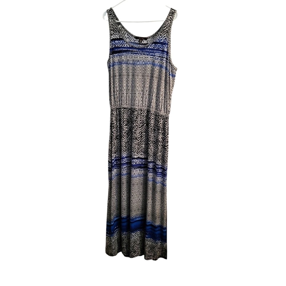 Fever Blue and Black Patterned Women's Maxi Dress, Medium, EUC